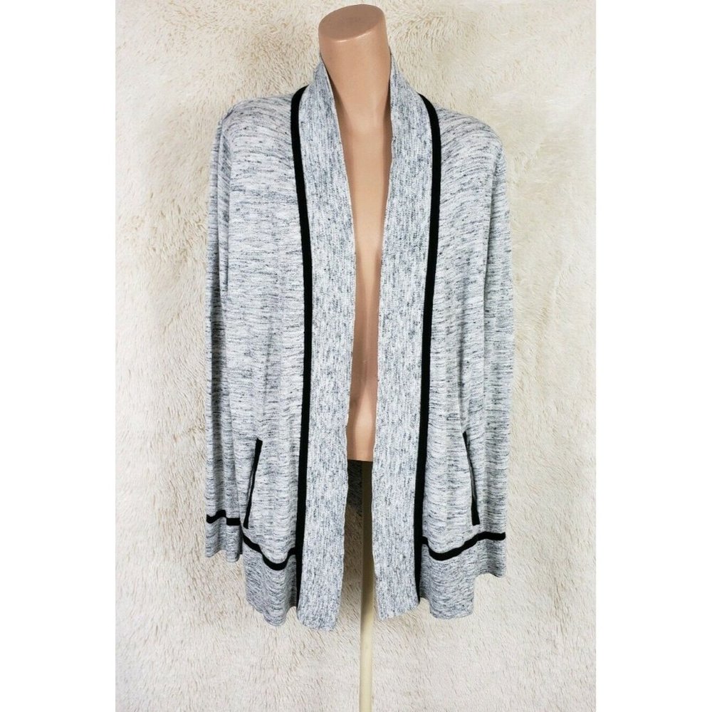 Lou & Grey Women's Size Large Cardigan Sweater Black White Heathered Pockets R